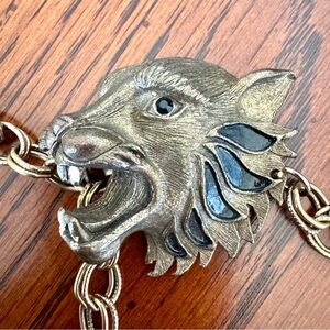 Vintage 70s Heavy Lion Head Tassel Slide Belt or Necklace Silver Tone Enamel 34”